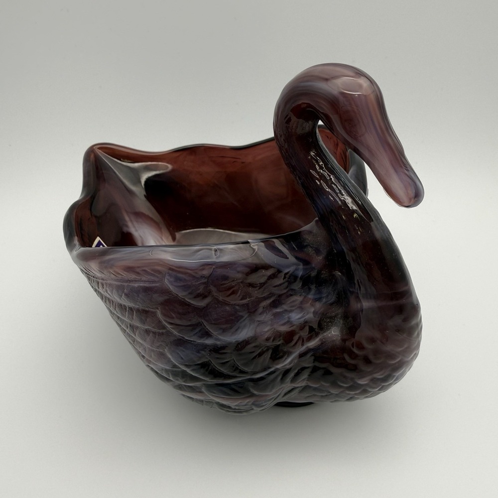 Vintage Imperial Amethyst Marbled Purple Slag Glass Swan Candy Bowl Trinket Dish